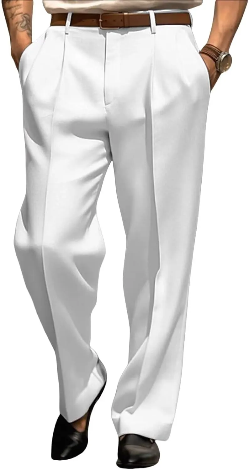 Mens Dress Pants Straight Leg Pleat-Front Casual Suit Pants Plain Comfort Work Office Business Lounge Trouser Long