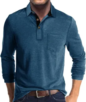 Men's Long Sleeve Polo Shirts Casual Button Classic Work Shirt Cotton Collared Basic Golf Shirt with Pocket