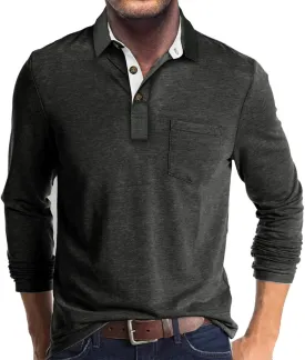 Men's Long Sleeve Polo Shirts Casual Button Classic Work Shirt Cotton Collared Basic Golf Shirt with Pocket