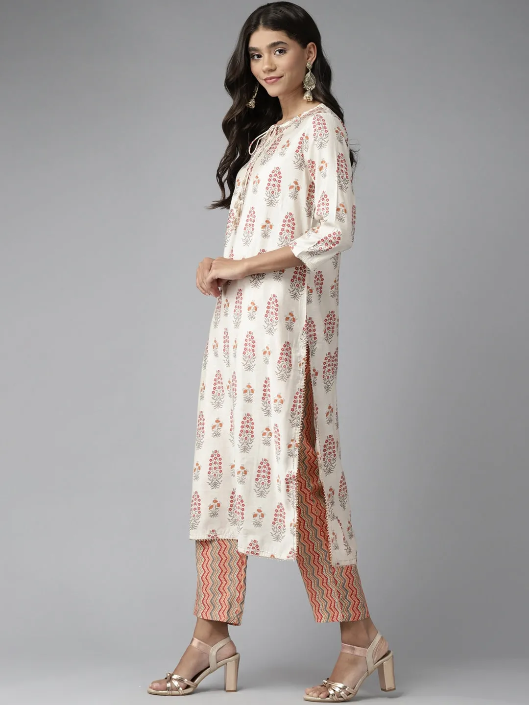 Off White Ethnic Motif Printed Dupatta Set