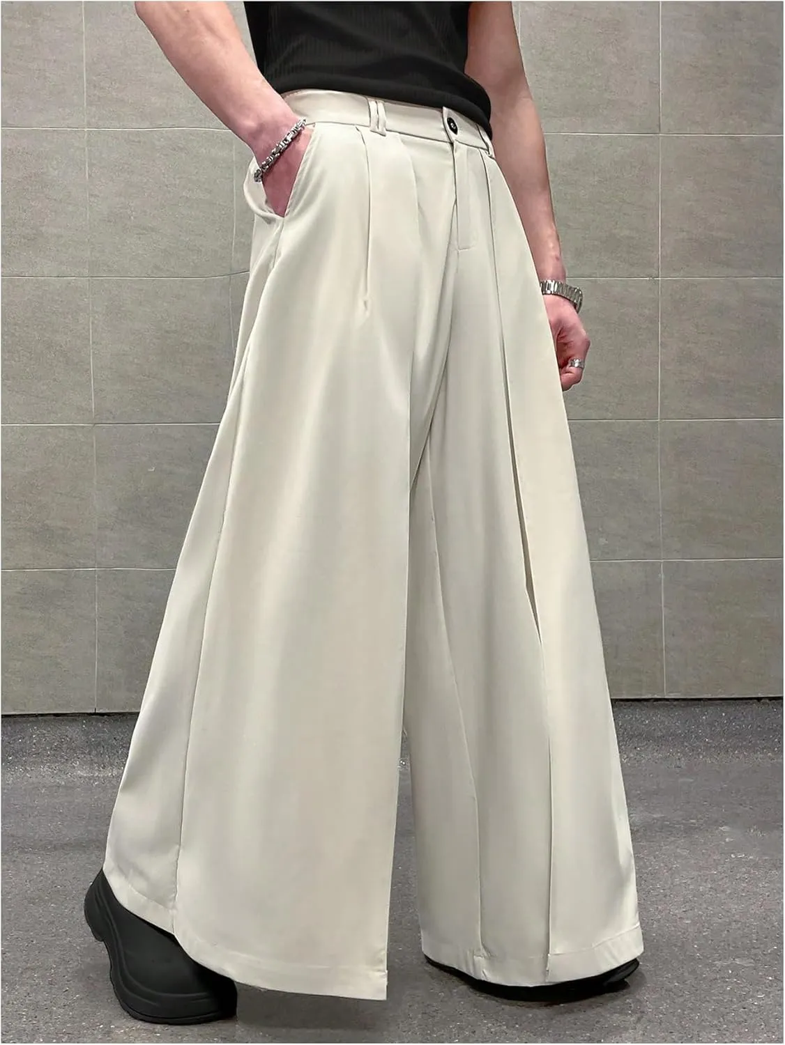OYOANGLE Men's Baggy Wide Leg Pants Zipper Fly Pleated Trousers Business Casual Dress Pants with Pocket