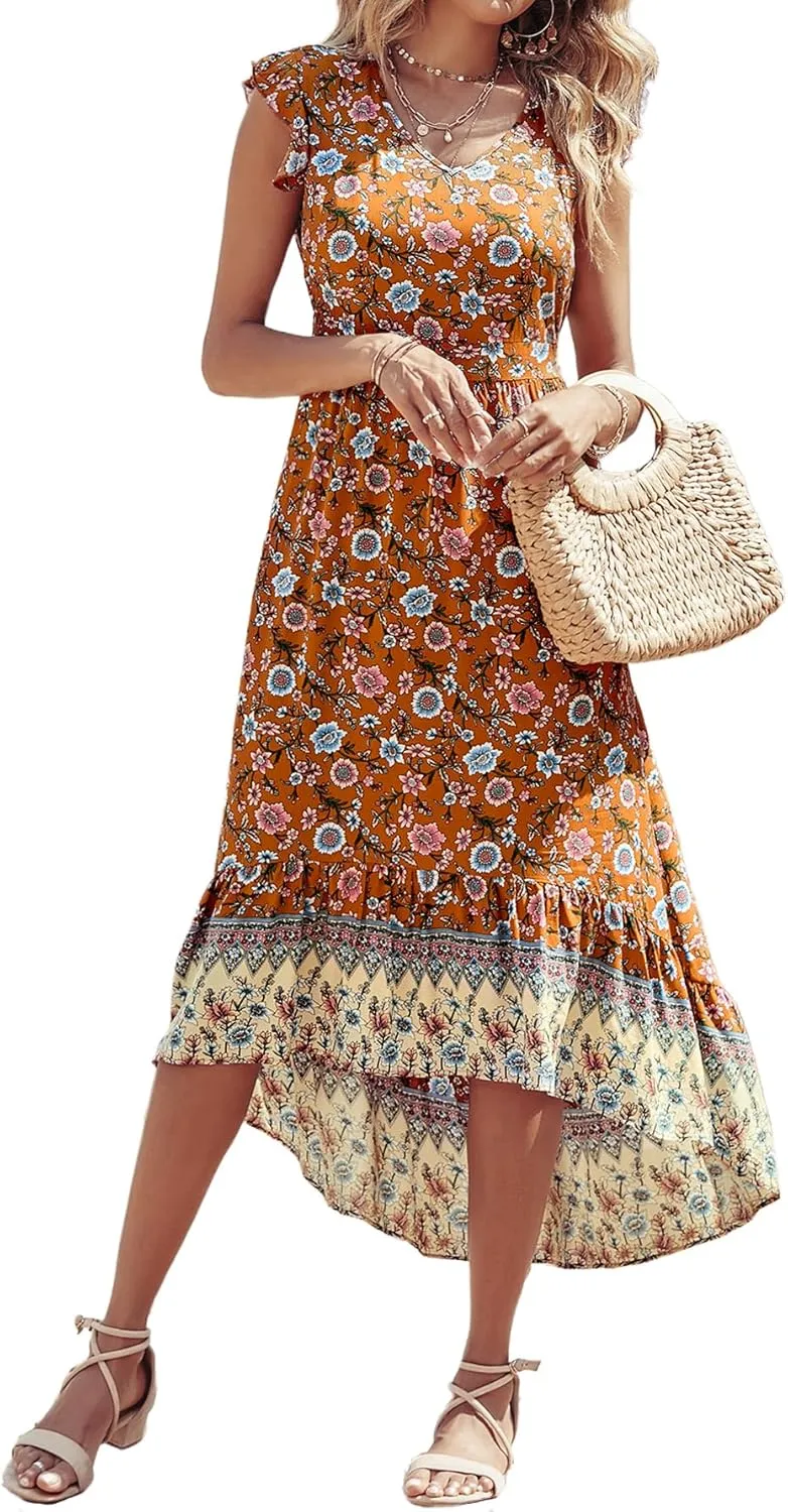 PRETTYGARDEN Women's Summer Maxi Dress Casual Floral V Neck Cap Sleeves Boho High Low Flowy Midi Long Sun Dresses