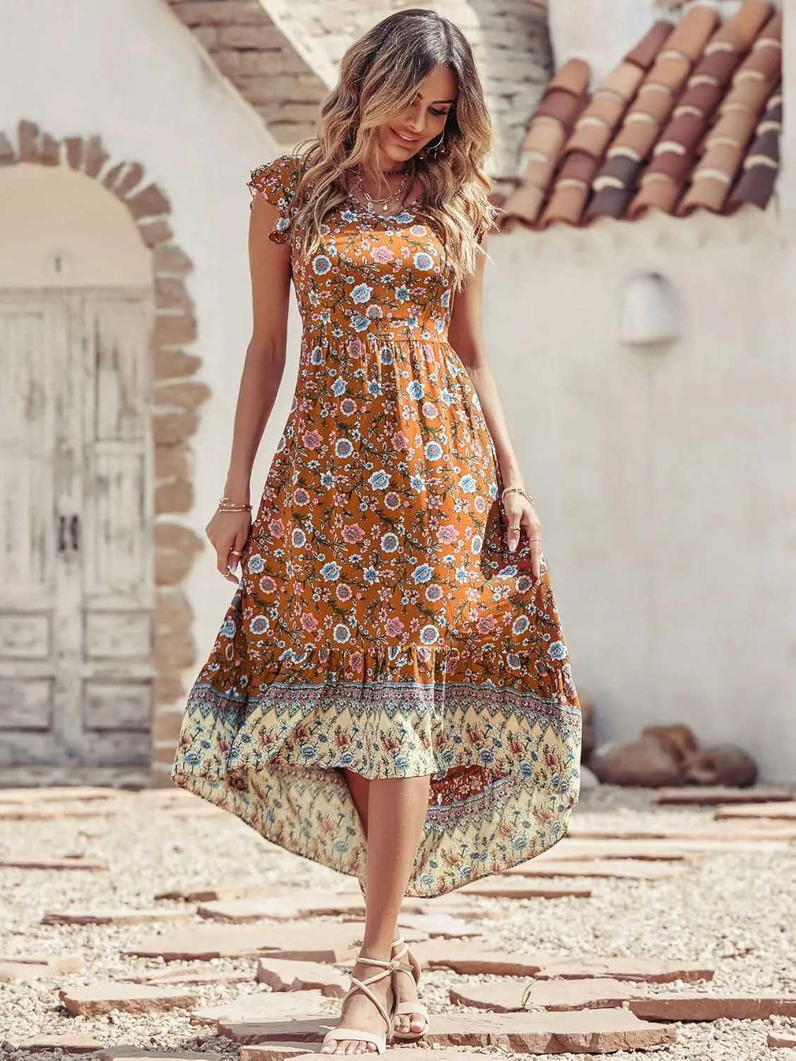 PRETTYGARDEN Women's Summer Maxi Dress Casual Floral V Neck Cap Sleeves Boho High Low Flowy Midi Long Sun Dresses