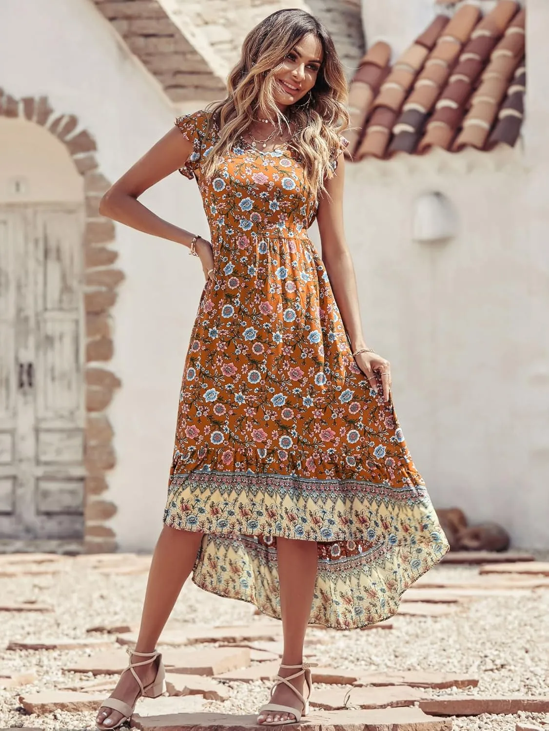 PRETTYGARDEN Women's Summer Maxi Dress Casual Floral V Neck Cap Sleeves Boho High Low Flowy Midi Long Sun Dresses