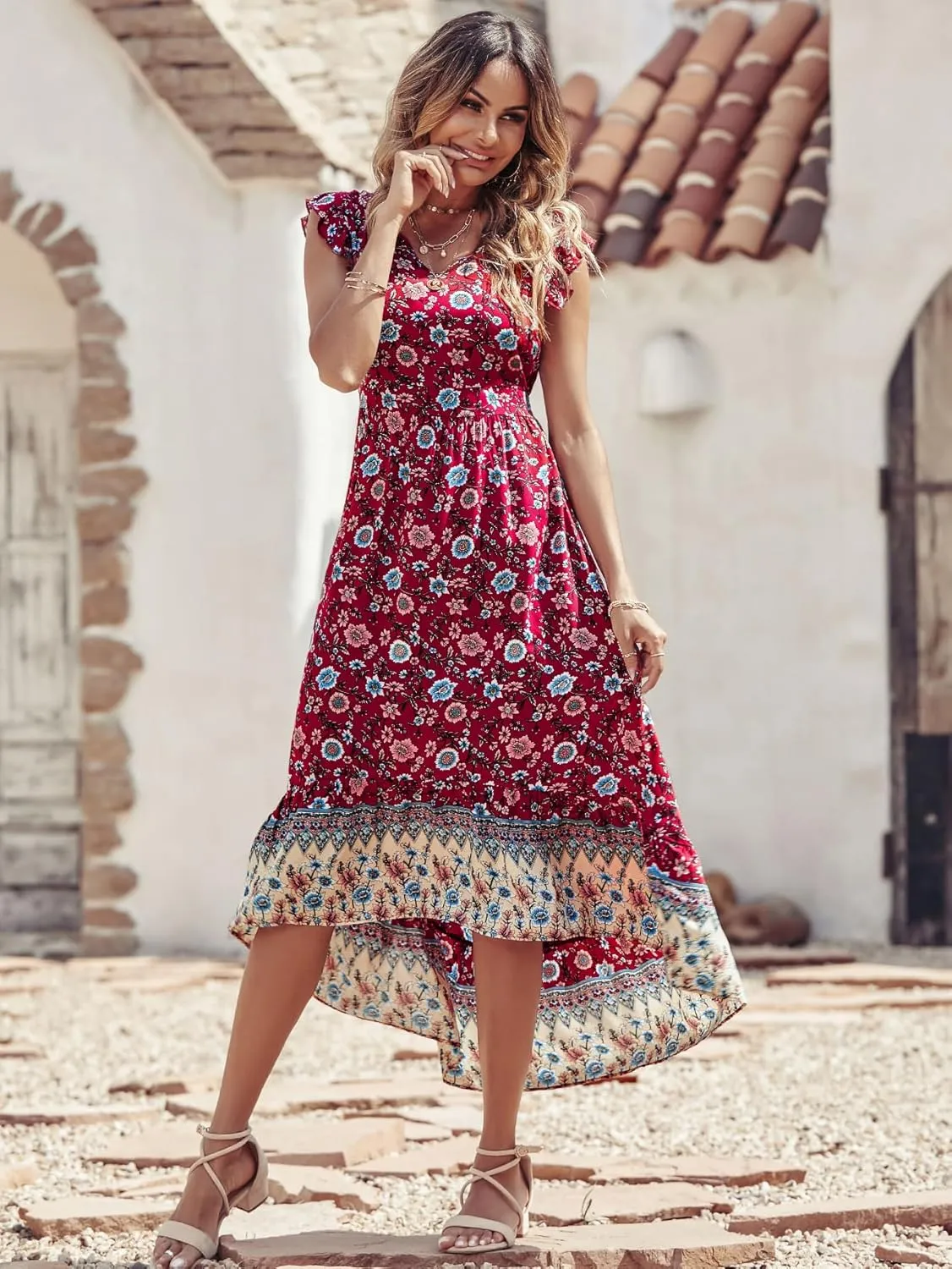 PRETTYGARDEN Women's Summer Maxi Dress Casual Floral V Neck Cap Sleeves Boho High Low Flowy Midi Long Sun Dresses