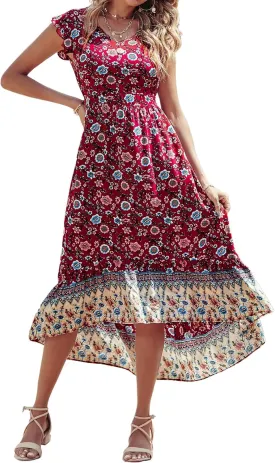 PRETTYGARDEN Women's Summer Maxi Dress Casual Floral V Neck Cap Sleeves Boho High Low Flowy Midi Long Sun Dresses
