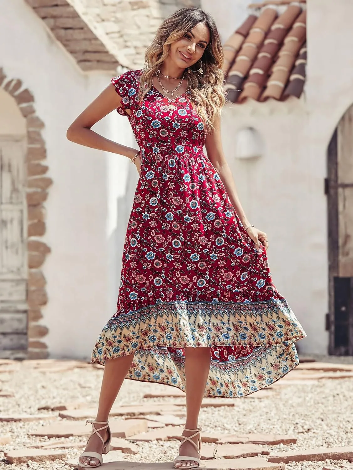 PRETTYGARDEN Women's Summer Maxi Dress Casual Floral V Neck Cap Sleeves Boho High Low Flowy Midi Long Sun Dresses