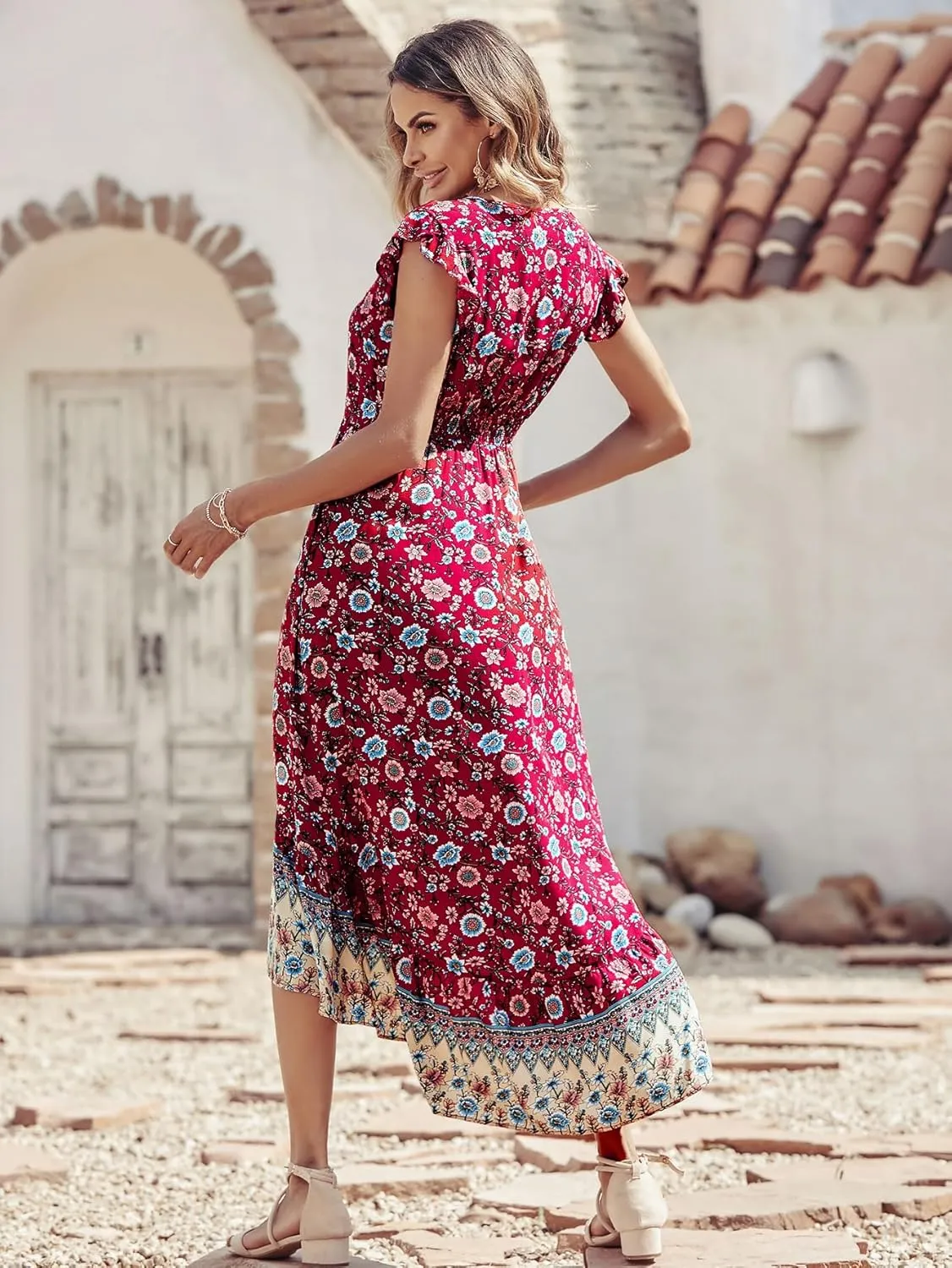 PRETTYGARDEN Women's Summer Maxi Dress Casual Floral V Neck Cap Sleeves Boho High Low Flowy Midi Long Sun Dresses