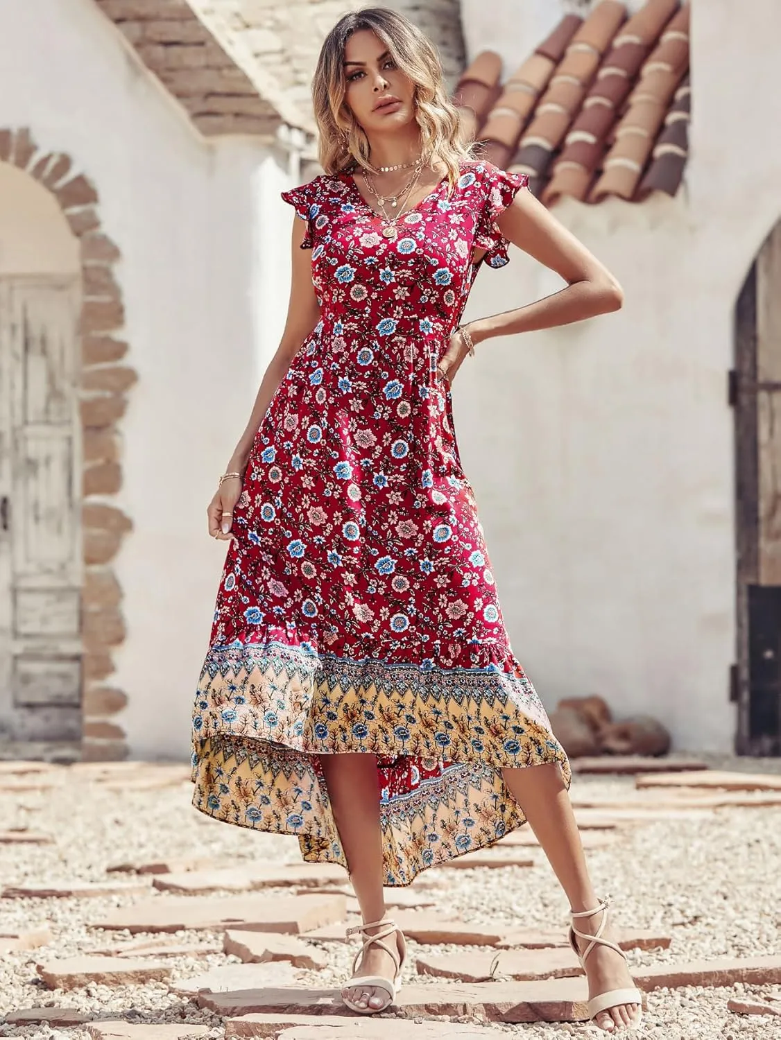 PRETTYGARDEN Women's Summer Maxi Dress Casual Floral V Neck Cap Sleeves Boho High Low Flowy Midi Long Sun Dresses