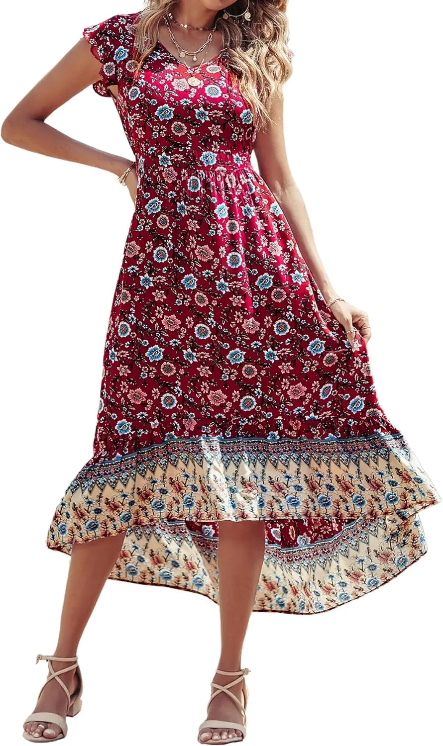 PRETTYGARDEN Women's Summer Maxi Dress Casual Floral V Neck Cap Sleeves Boho High Low Flowy Midi Long Sun Dresses
