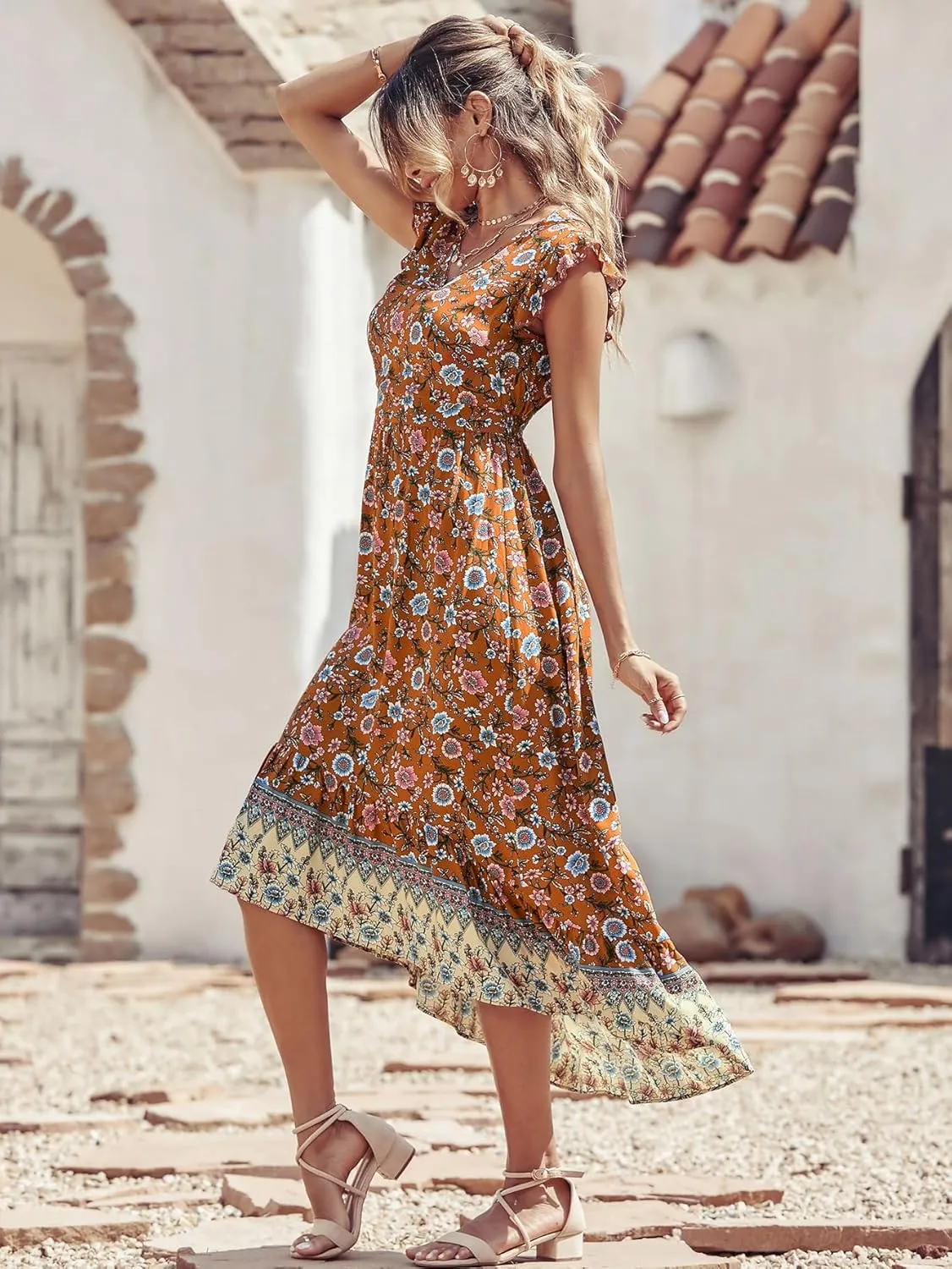 PRETTYGARDEN Women's Summer Maxi Dress Casual Floral V Neck Cap Sleeves Boho High Low Flowy Midi Long Sun Dresses