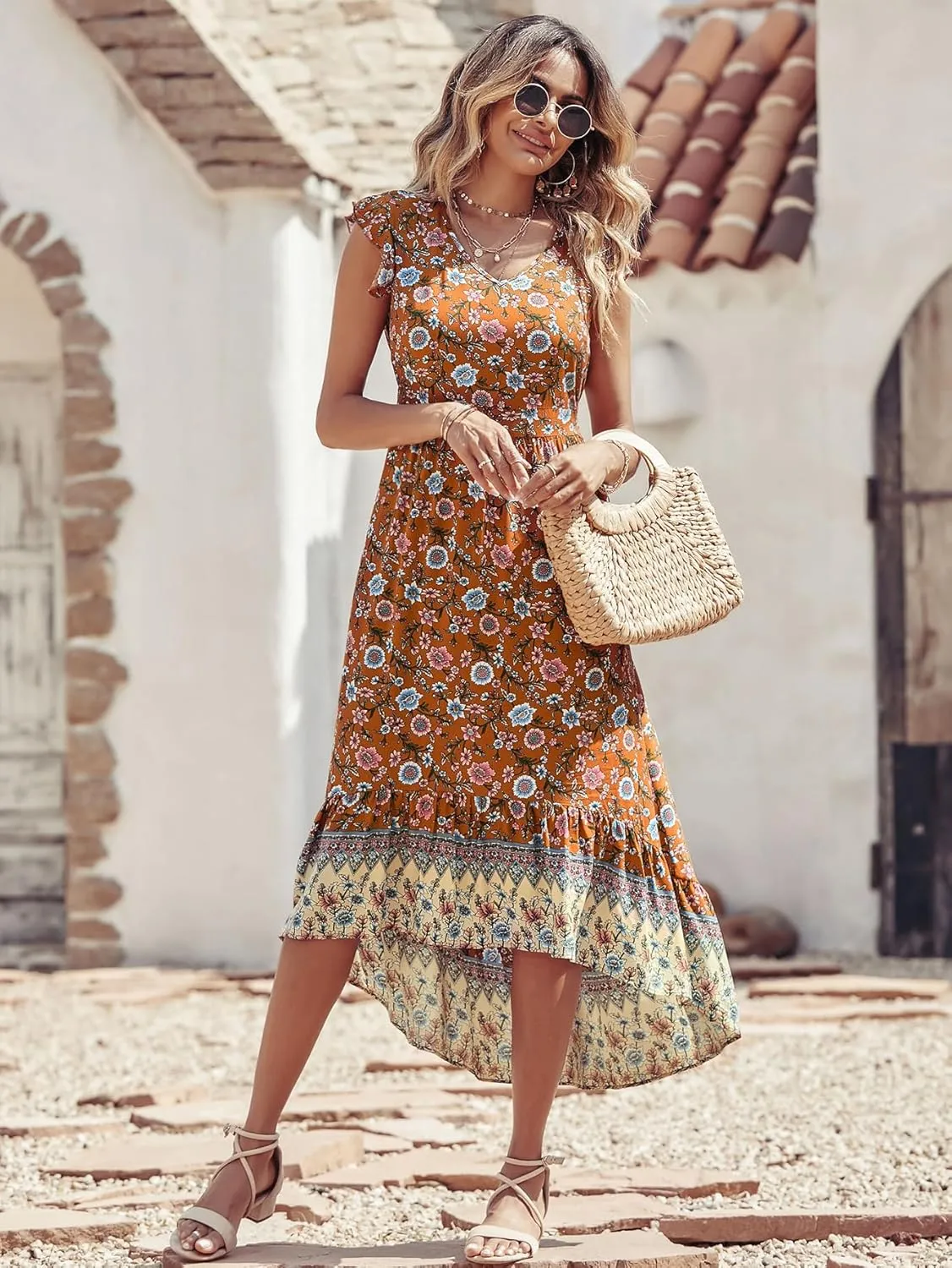 PRETTYGARDEN Women's Summer Maxi Dress Casual Floral V Neck Cap Sleeves Boho High Low Flowy Midi Long Sun Dresses