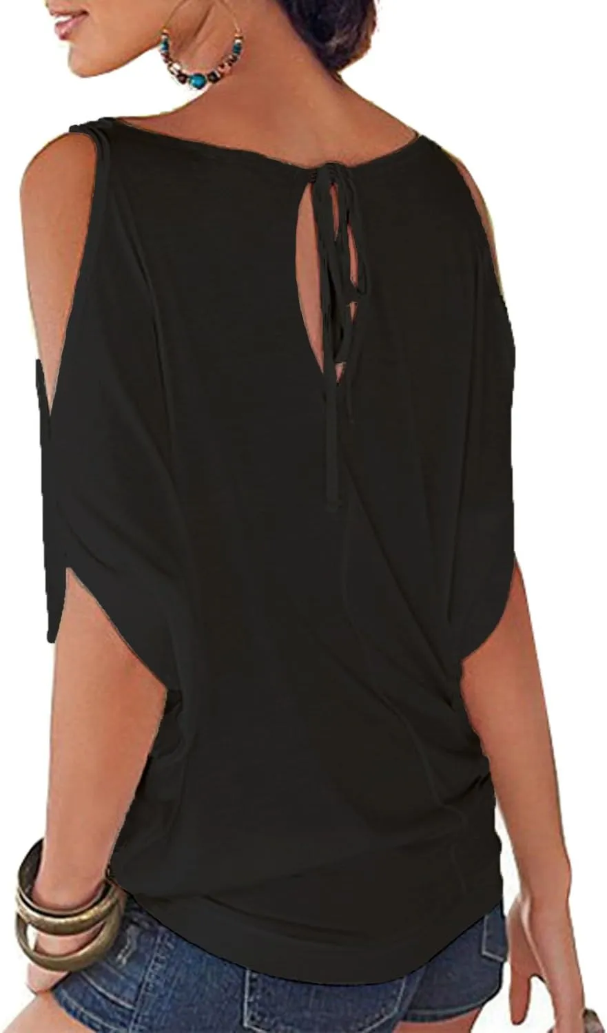 RANPHEE Womens Summer Cold Shoulder Tops Casual Scoop Neck Loose Fit T Shirt
