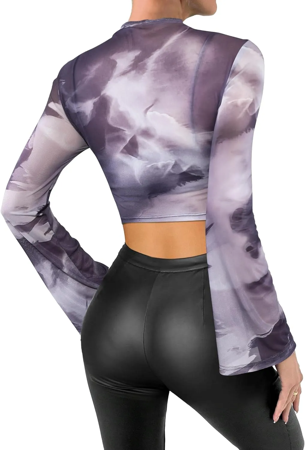 Remidoo Women's Mesh Top Mock Neck Tie Dye Long Sleeve Sheer Crop Tops Shirt