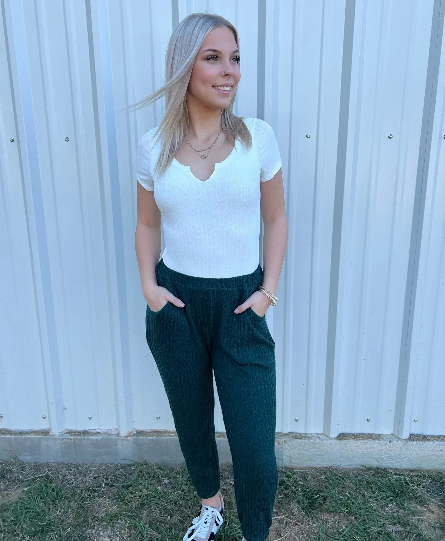 Ribbed knit jogger with elastic waistband and pockets