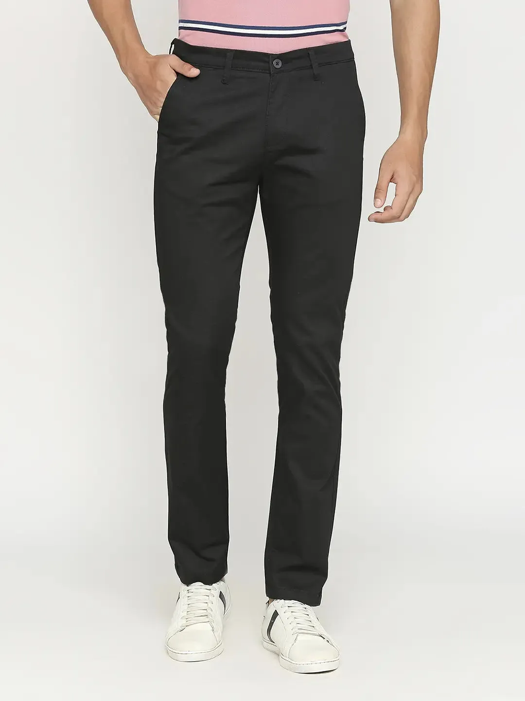 Spykar Men Black Cotton Slim Fit Ankle Length Trouser