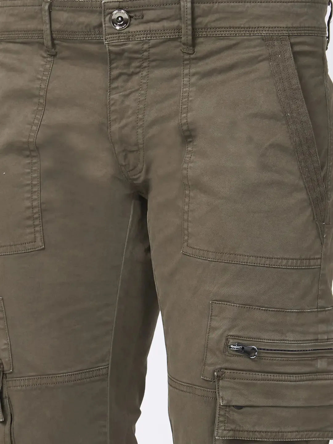 Spykar Men Military Green Cotton Tapered Fit Ankle Length Mid Rise Cargo Pant