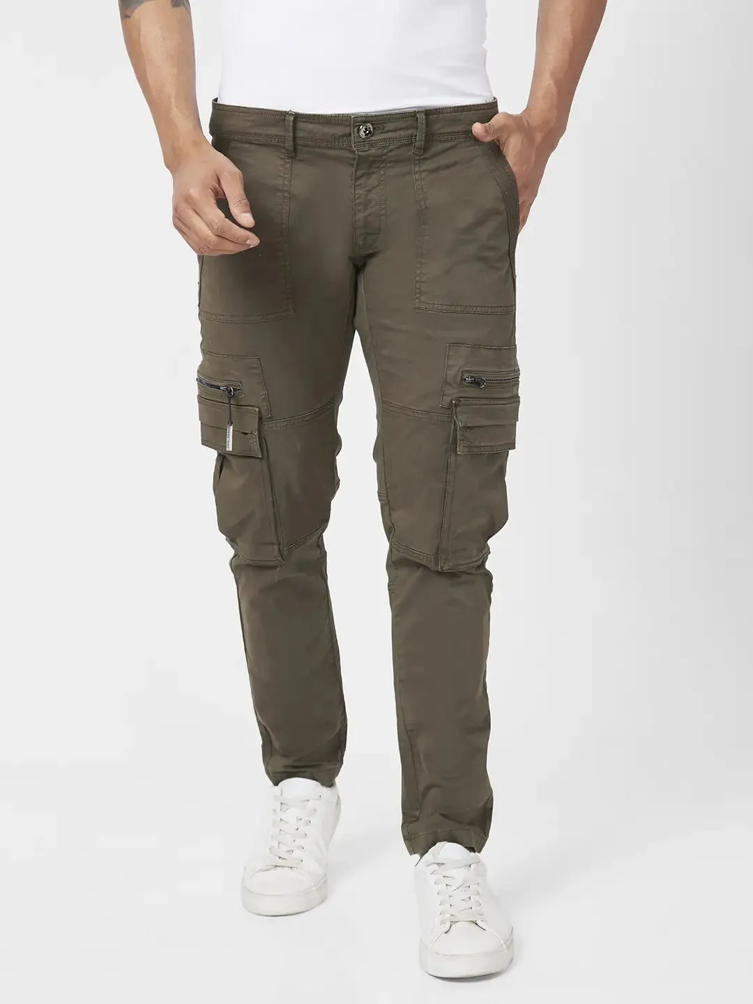 Spykar Men Military Green Cotton Tapered Fit Ankle Length Mid Rise Cargo Pant