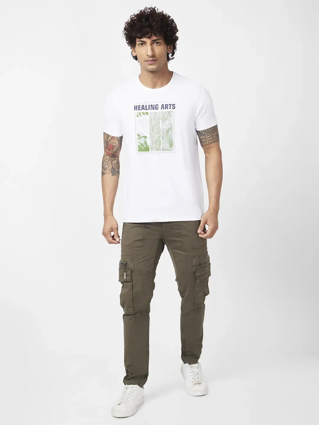 Spykar Men Military Green Cotton Tapered Fit Ankle Length Mid Rise Cargo Pant