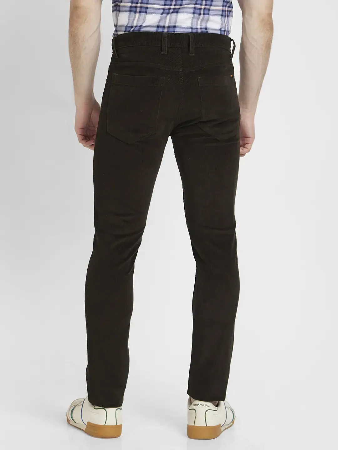 Spykar Men Olive Cotton Slim Fit Mid Rise Trousers