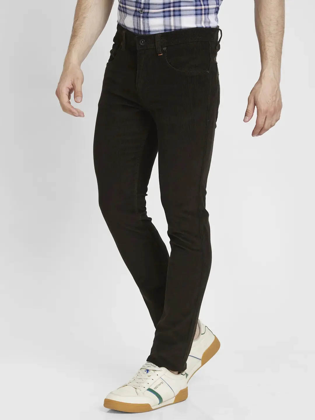 Spykar Men Olive Cotton Slim Fit Mid Rise Trousers