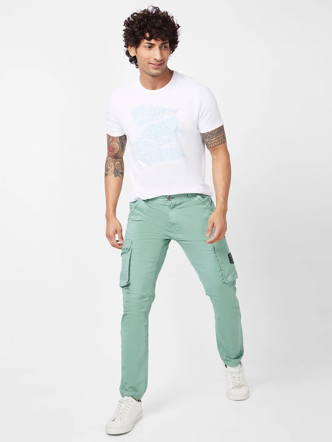 Spykar Men Sage Green Cotton Tapered Fit Ankle Length Mid Rise Cargo Pant