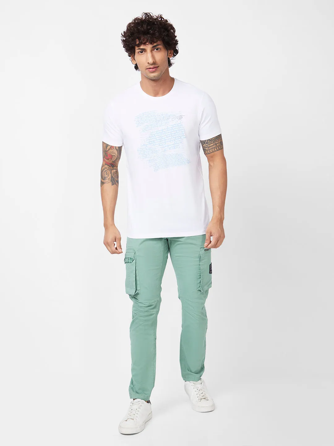Spykar Men Sage Green Cotton Tapered Fit Ankle Length Mid Rise Cargo Pant