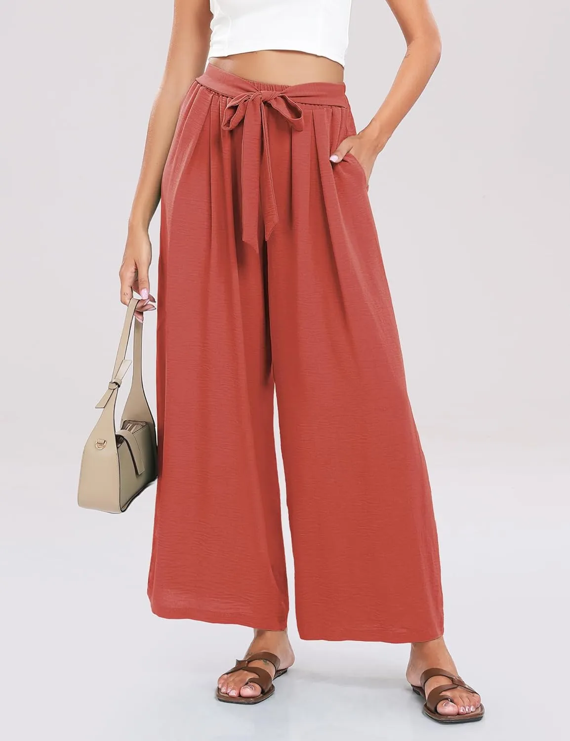 Summe Wide Leg Dress Pants for Women High Waisted Palazzo Casual Work Pants Beach Trousers with Pocket