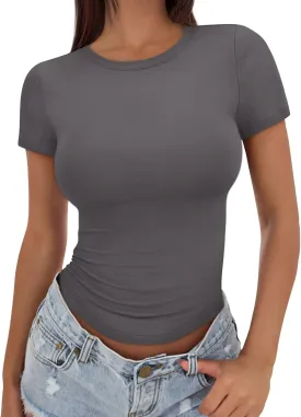 Trendy Queen Womens Basic T Shirts Summer Tops 2025 Crop Short Sleeve Slim Fit Tee Cute Gym Workout Clothes
