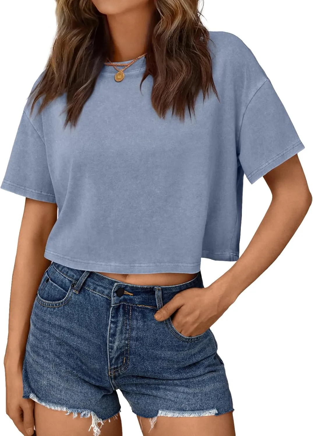 Trendy Queen Womens Crop Tops Short Sleeve T-Shirts Acid Wash Casual Summer Clothes Trendy Comfy 2025 Workout Baggy Soft Tees