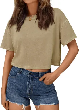 Trendy Queen Womens Crop Tops Short Sleeve T-Shirts Acid Wash Casual Summer Clothes Trendy Comfy 2025 Workout Baggy Soft Tees