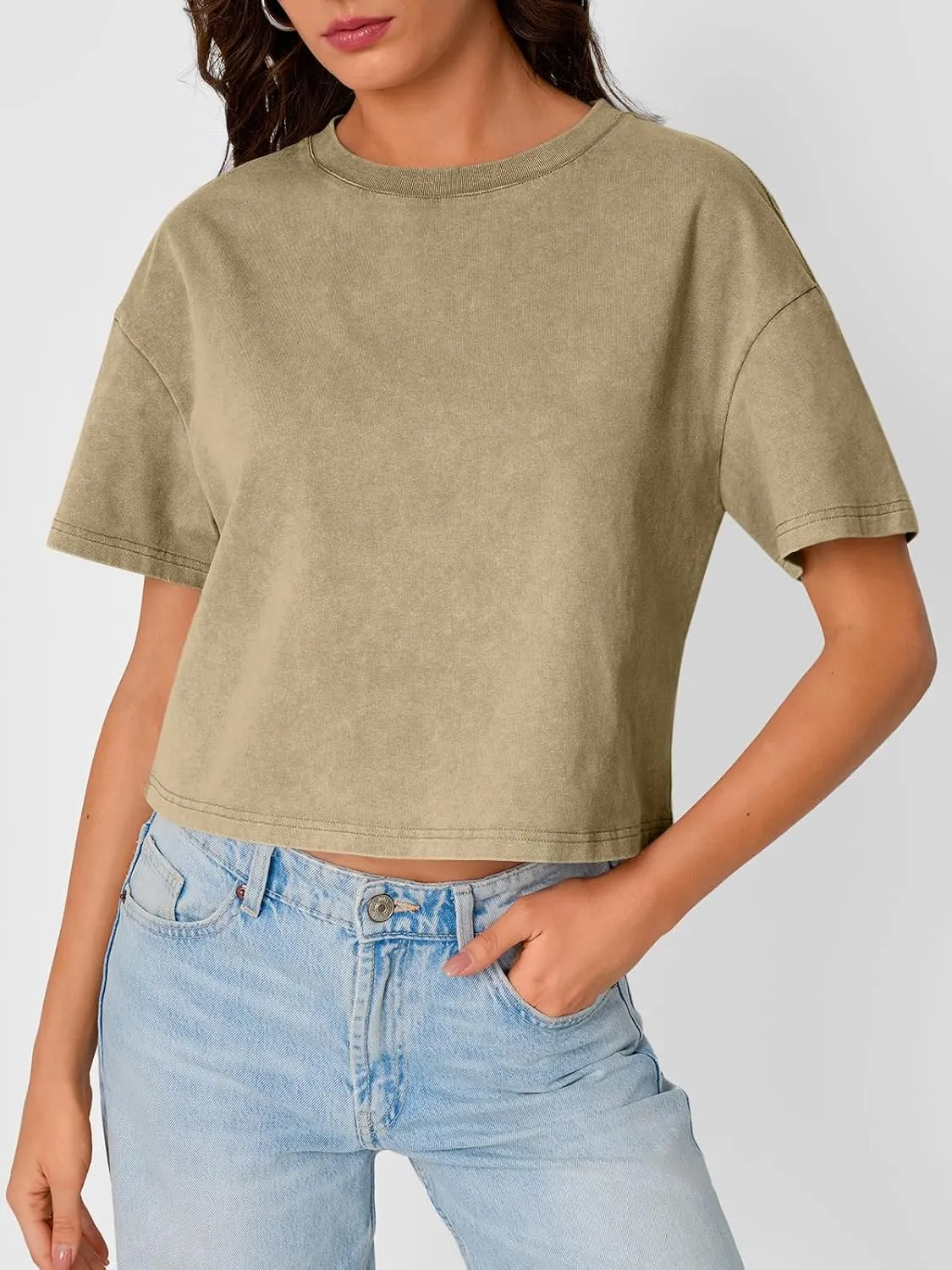 Trendy Queen Womens Crop Tops Short Sleeve T-Shirts Acid Wash Casual Summer Clothes Trendy Comfy 2025 Workout Baggy Soft Tees