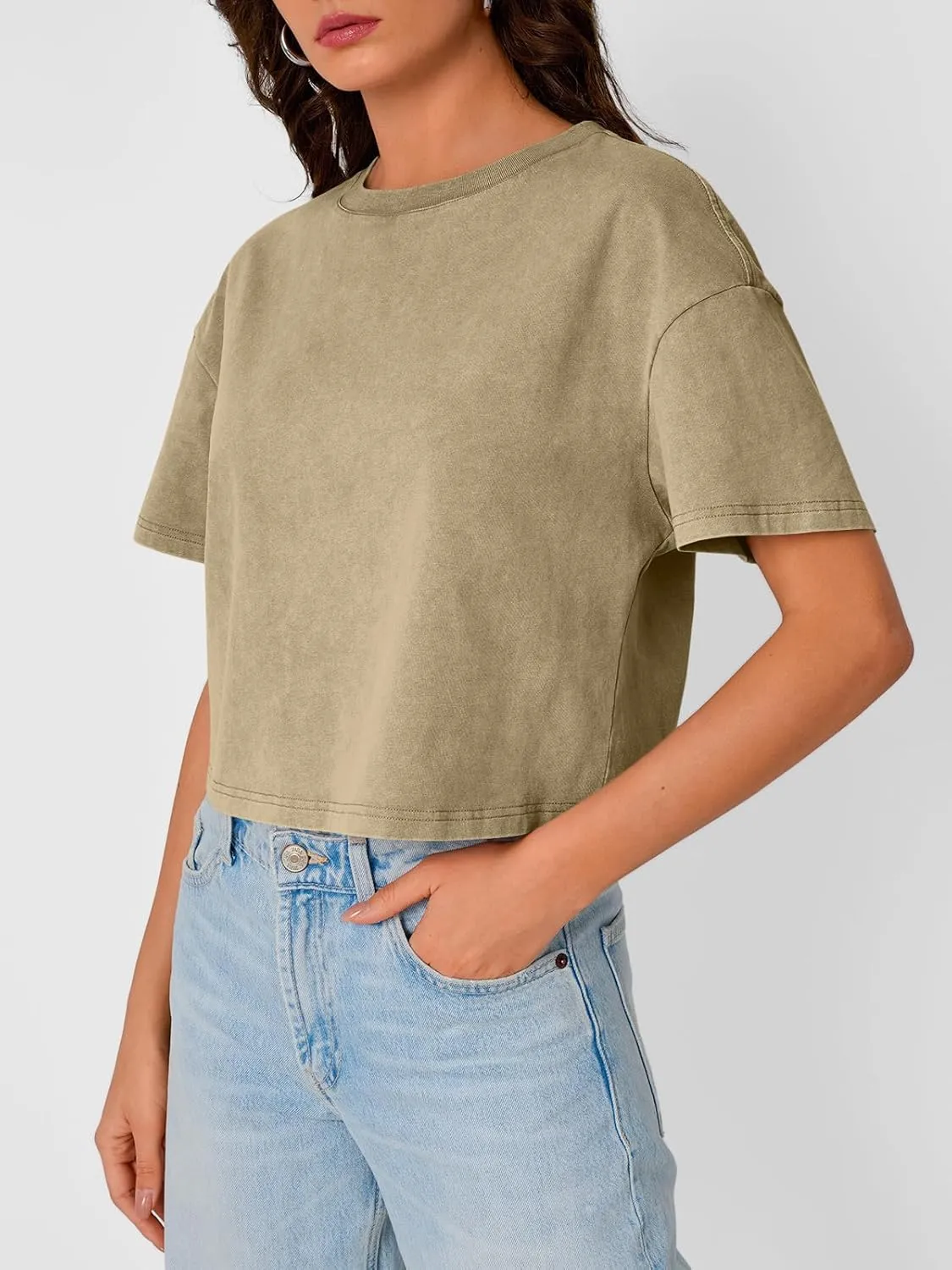 Trendy Queen Womens Crop Tops Short Sleeve T-Shirts Acid Wash Casual Summer Clothes Trendy Comfy 2025 Workout Baggy Soft Tees