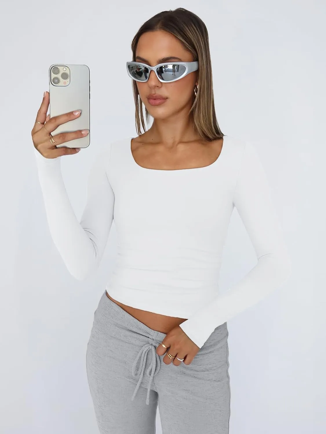 Trendy Queen Womens Long Sleeve Shirts Crop Tops Square Neck Going Out Basics Tees Y2K Winter Clothes 2025
