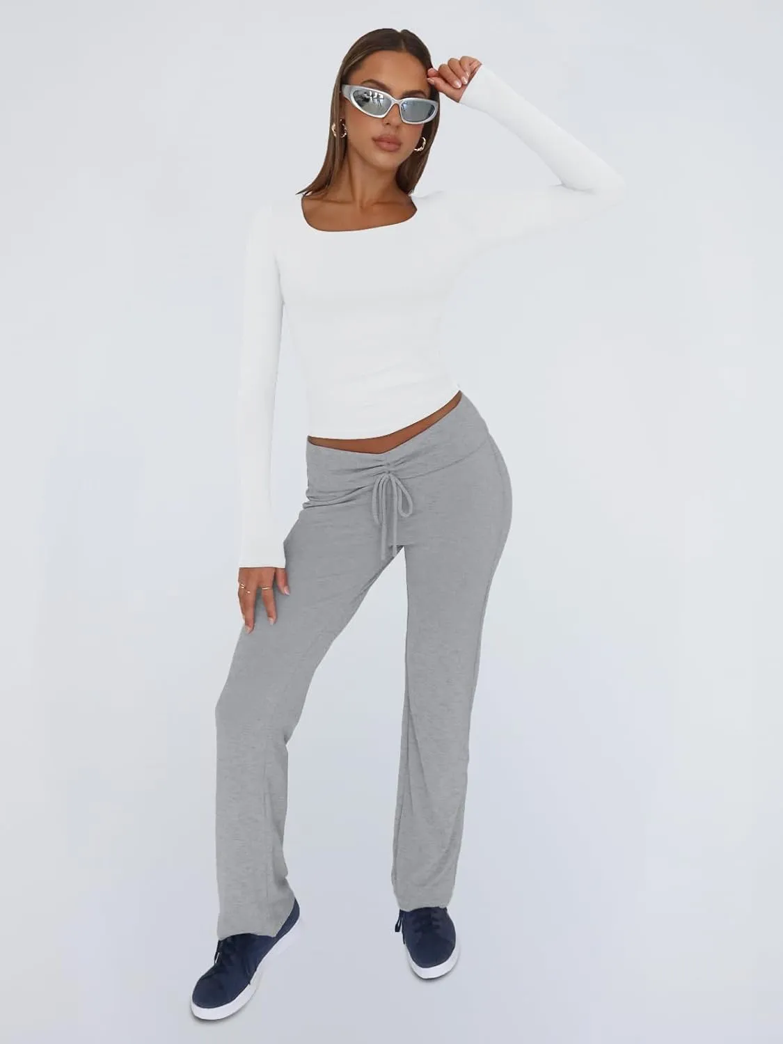 Trendy Queen Womens Long Sleeve Shirts Crop Tops Square Neck Going Out Basics Tees Y2K Winter Clothes 2025