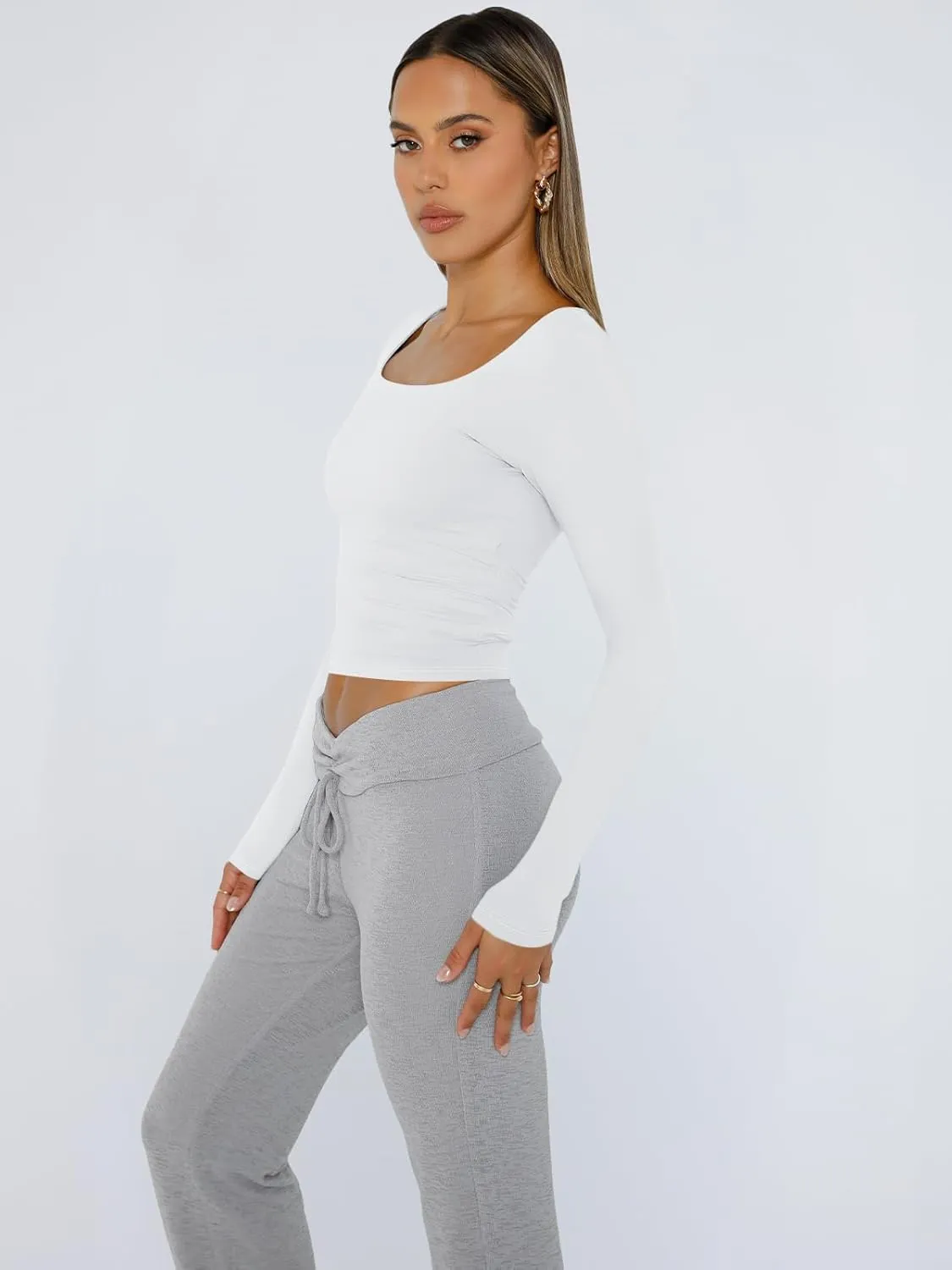 Trendy Queen Womens Long Sleeve Shirts Crop Tops Square Neck Going Out Basics Tees Y2K Winter Clothes 2025