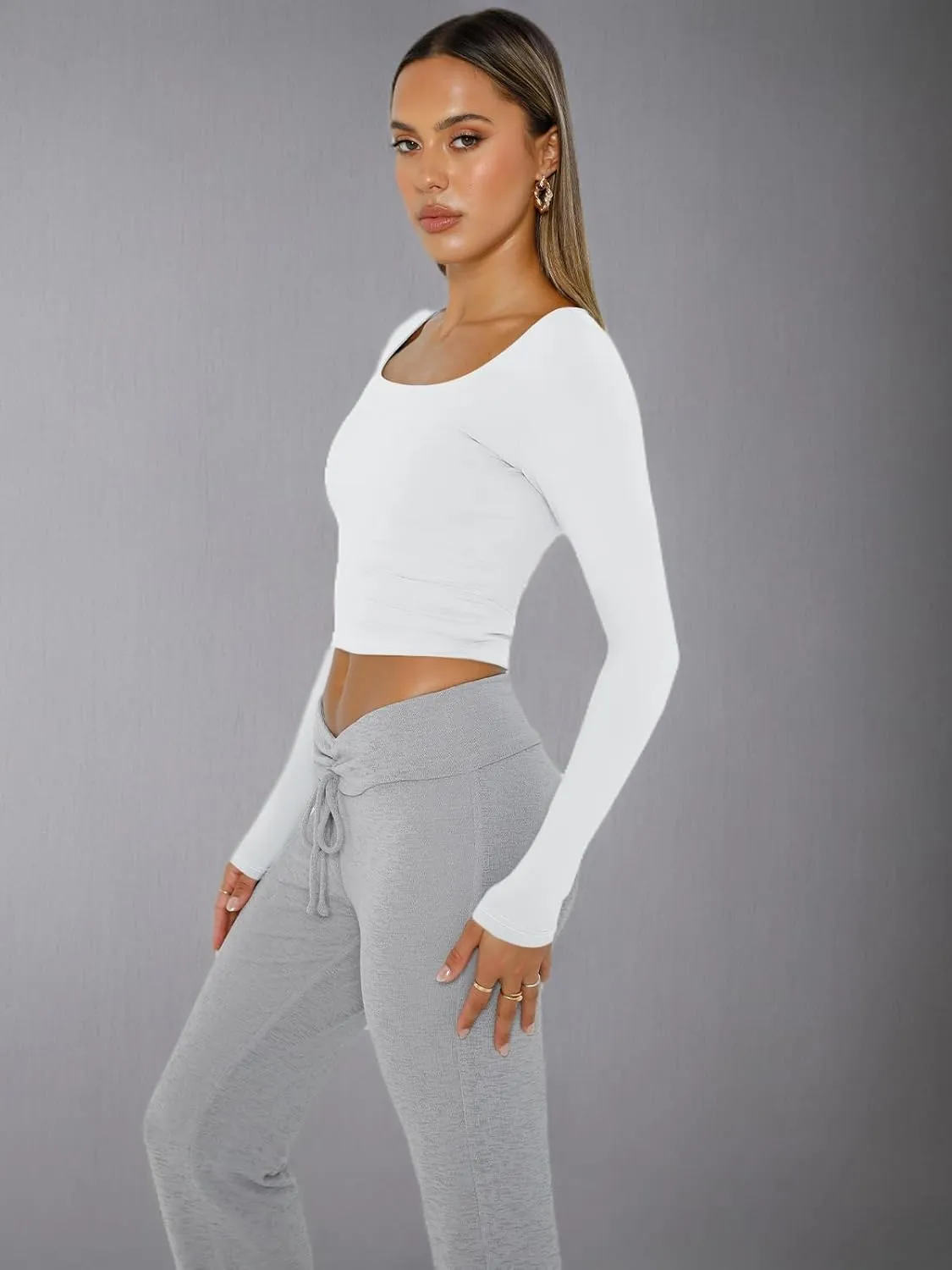 Trendy Queen Womens Long Sleeve Shirts Crop Tops Square Neck Going Out Basics Tees Y2K Winter Clothes 2025