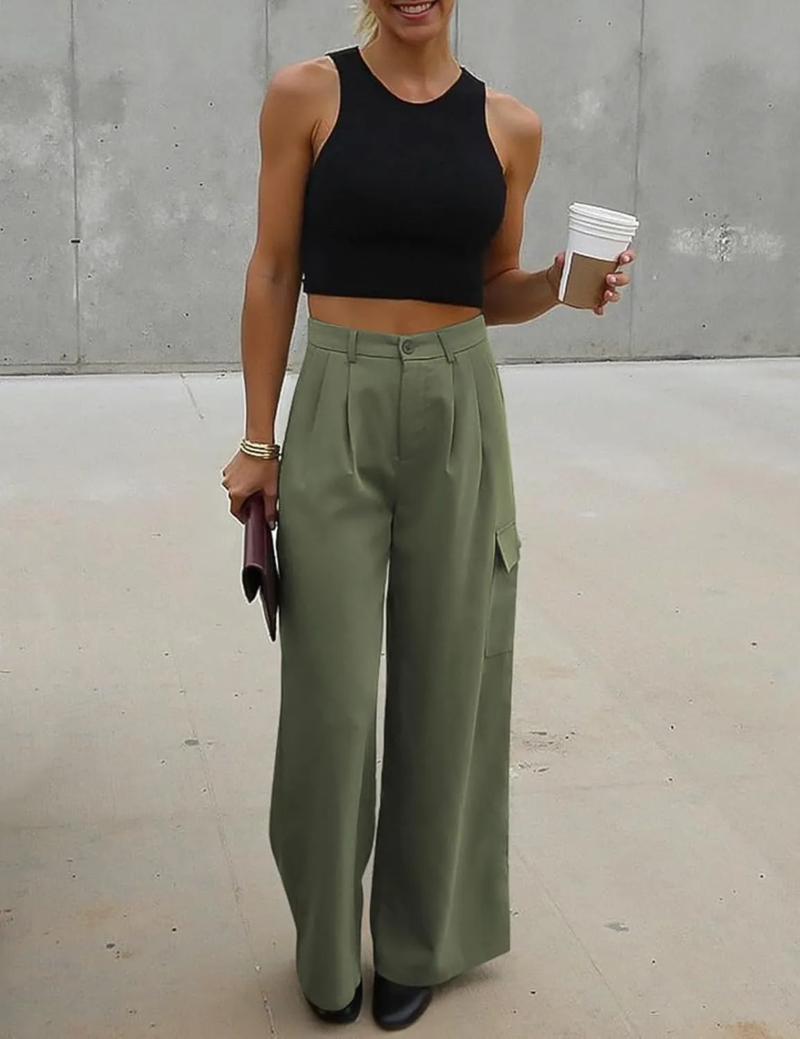 UEU Womens High Waisted Wide Leg Cargo Pants Baggy Dress Pants Business Casual Work Trousers with 4 Pockets 2025 Trendy