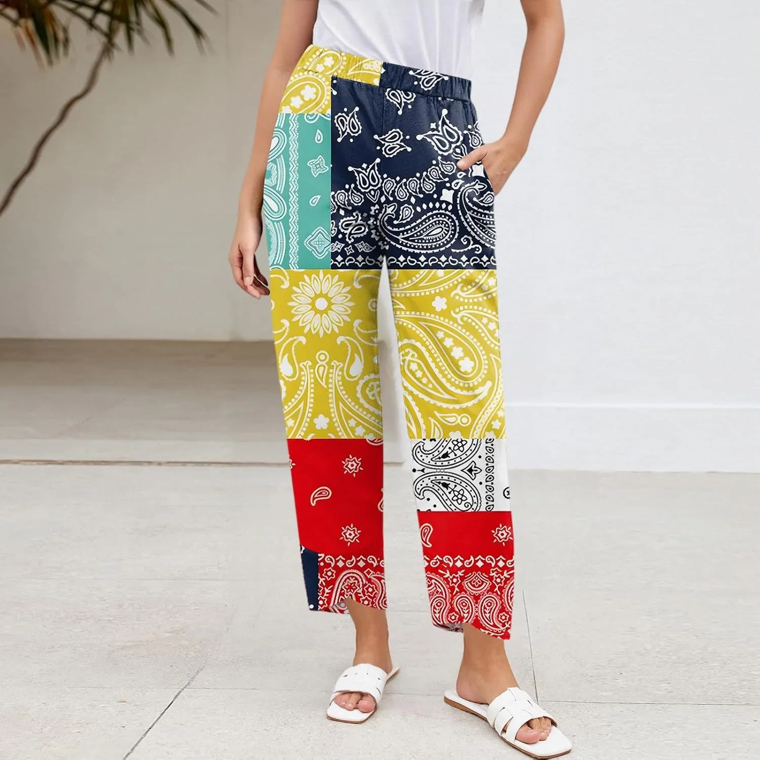 Wide Leg Linen Pants for Women Cropped Summer Palazzo Pant Casual Ankle Length Beach Vacation Trousers with Pockets