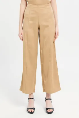 Women Beige Satin High Waisted Wide Leg Pant