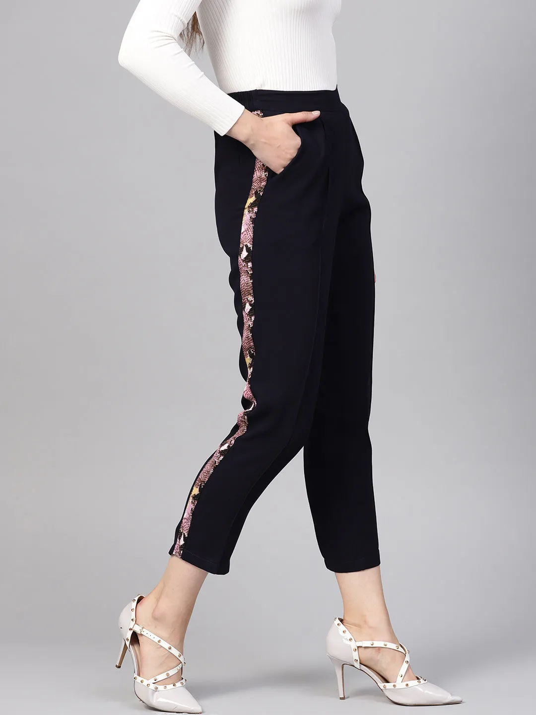 Women Navy Solid Side Tape Peg Trousers