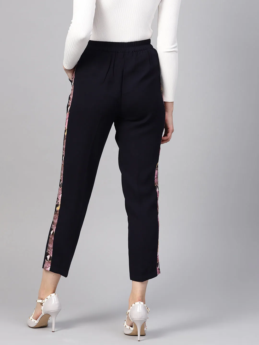 Women Navy Solid Side Tape Peg Trousers