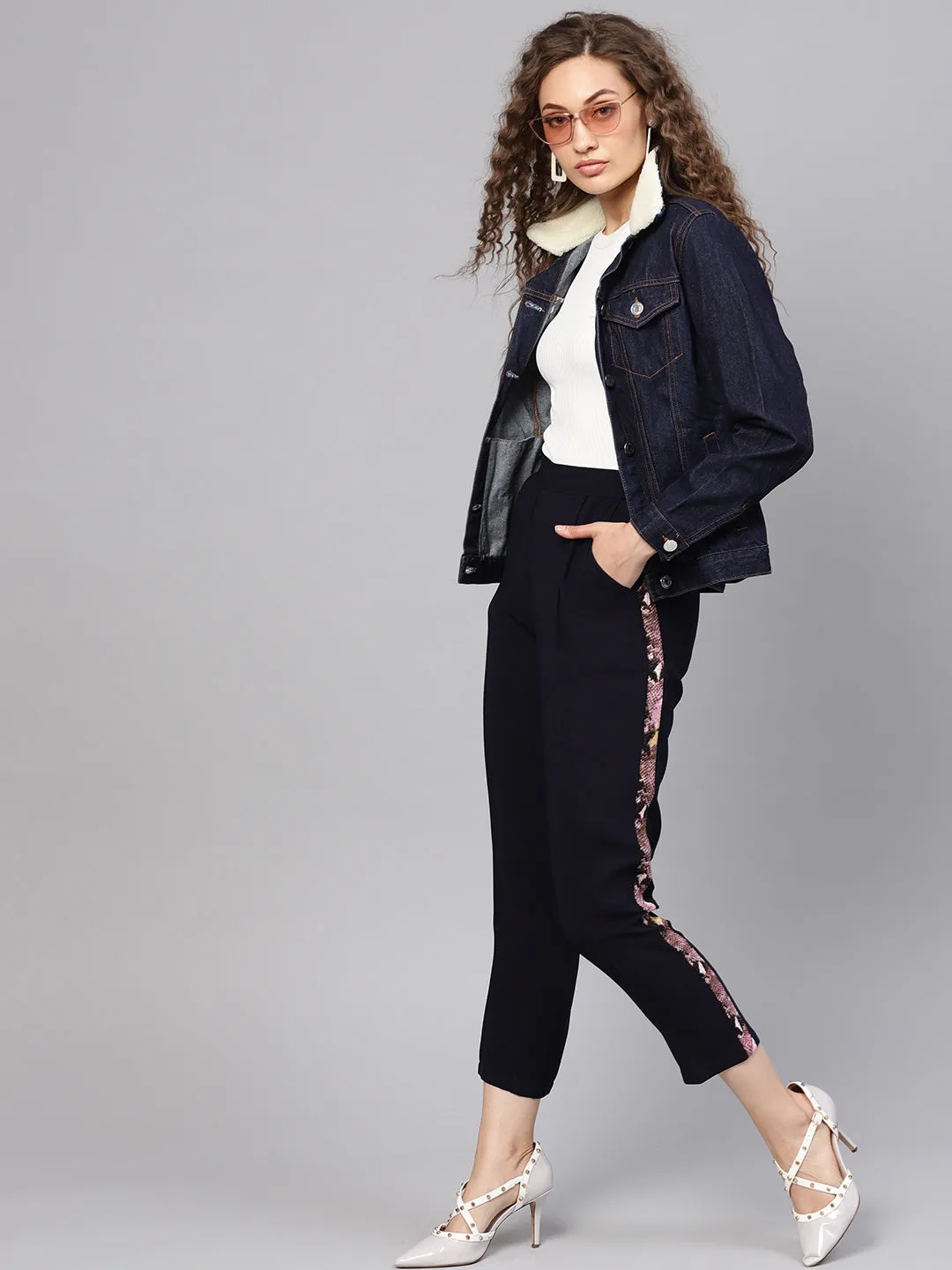 Women Navy Solid Side Tape Peg Trousers