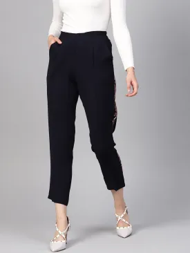 Women Navy Solid Side Tape Peg Trousers