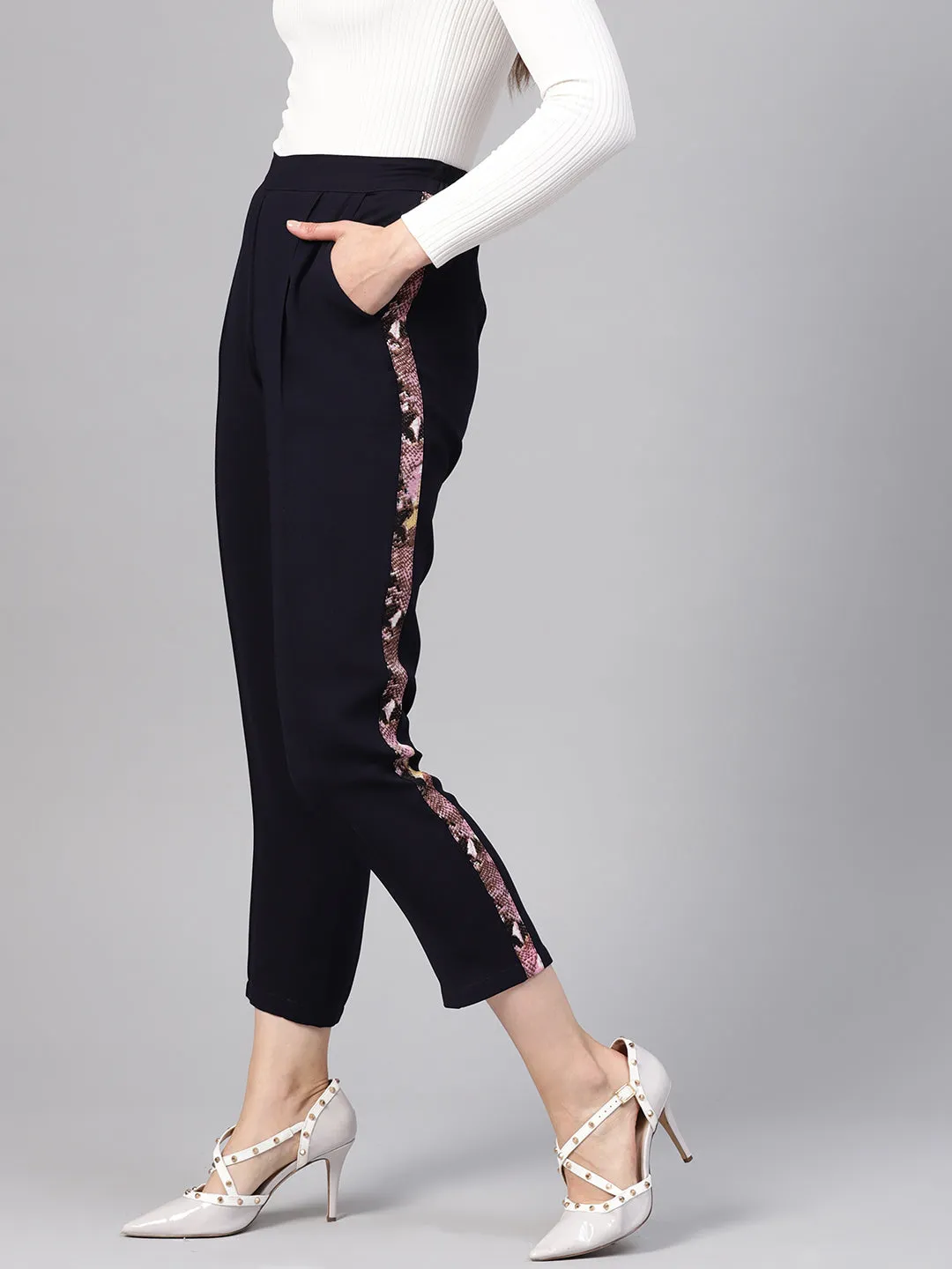 Women Navy Solid Side Tape Peg Trousers