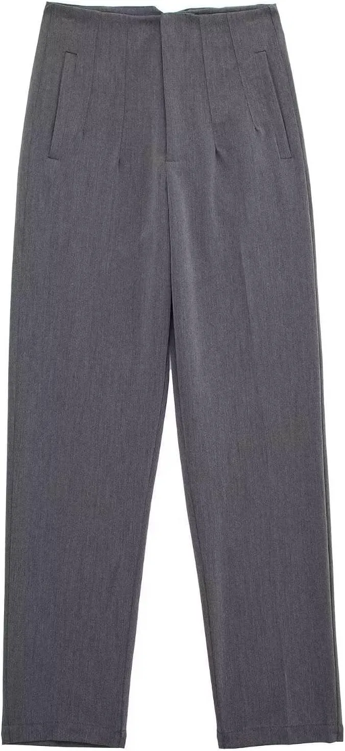 Women's Casual Wide Leg Pants Solid Color High Waisted Button Down Straight Long Trousers Pants Paper Bag Casual