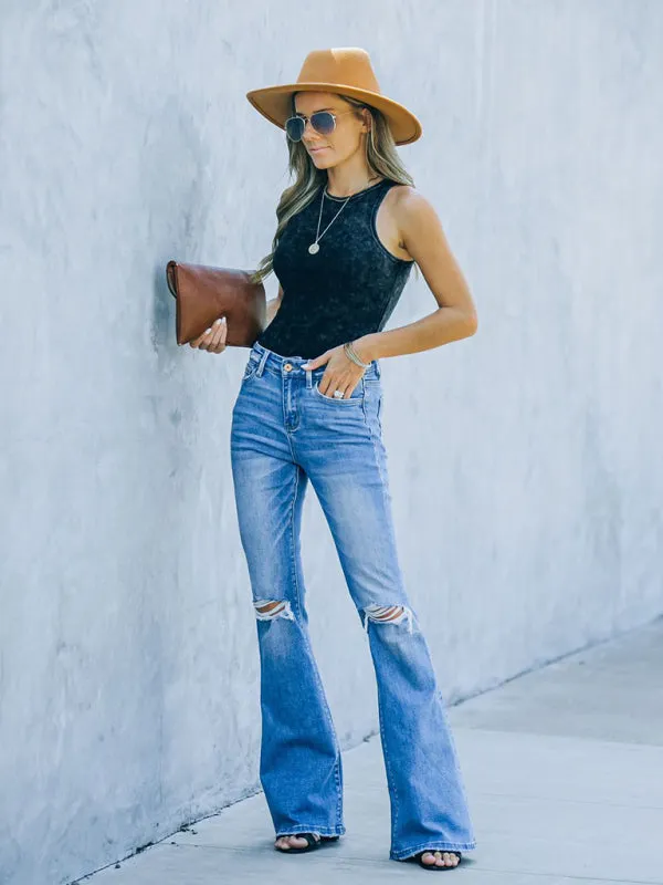 Women's High Waist Ripped Step Hem Bootcut Jeans
