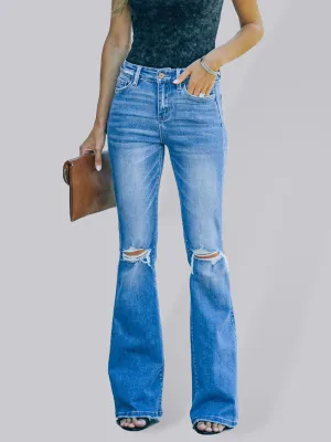 Women's High Waist Ripped Step Hem Bootcut Jeans