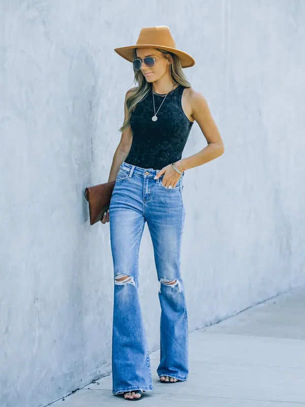 Women's High Waist Ripped Step Hem Bootcut Jeans
