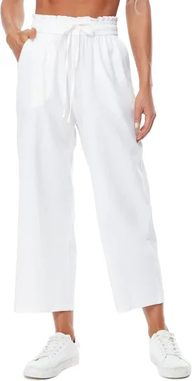 Womens Linen Pants Wide Leg High Waisted Drawstring Casual Loose Beach Pants with Pockets